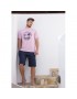 Ανδρική Βαμβακερή  Πυτζάμα με  μονόχρωμη μπλέ βερμούδα και λιλά μπλουζάκι με στάμπα, Harmony 82310 - Ανδρας